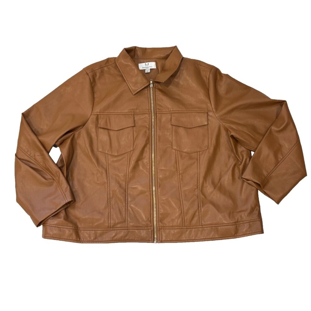 Magaschoni Women Faux Leather Jacket 3X Plus Size Tan Zip Front Moto Coat